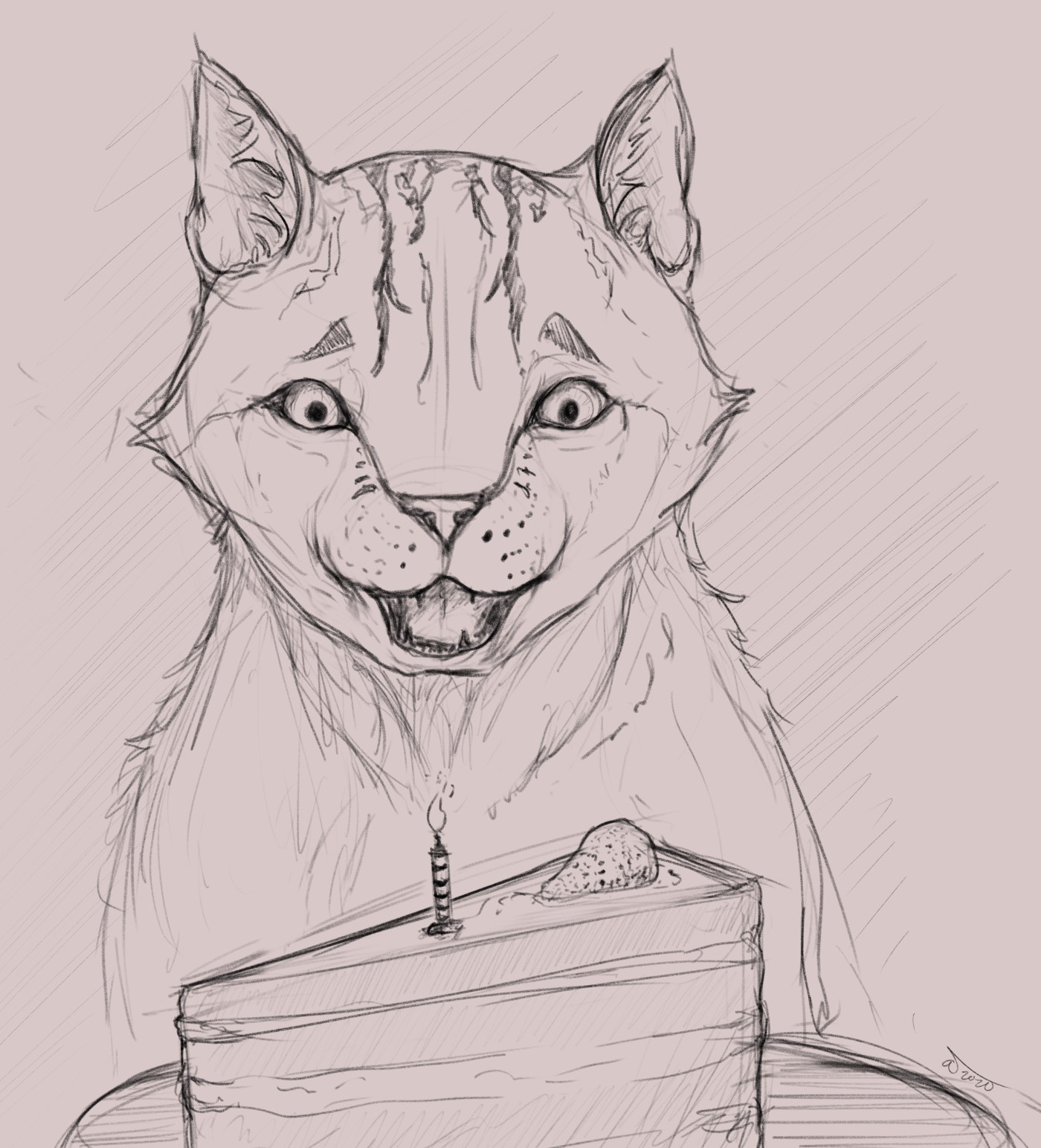 Sketch of a cat with a cake