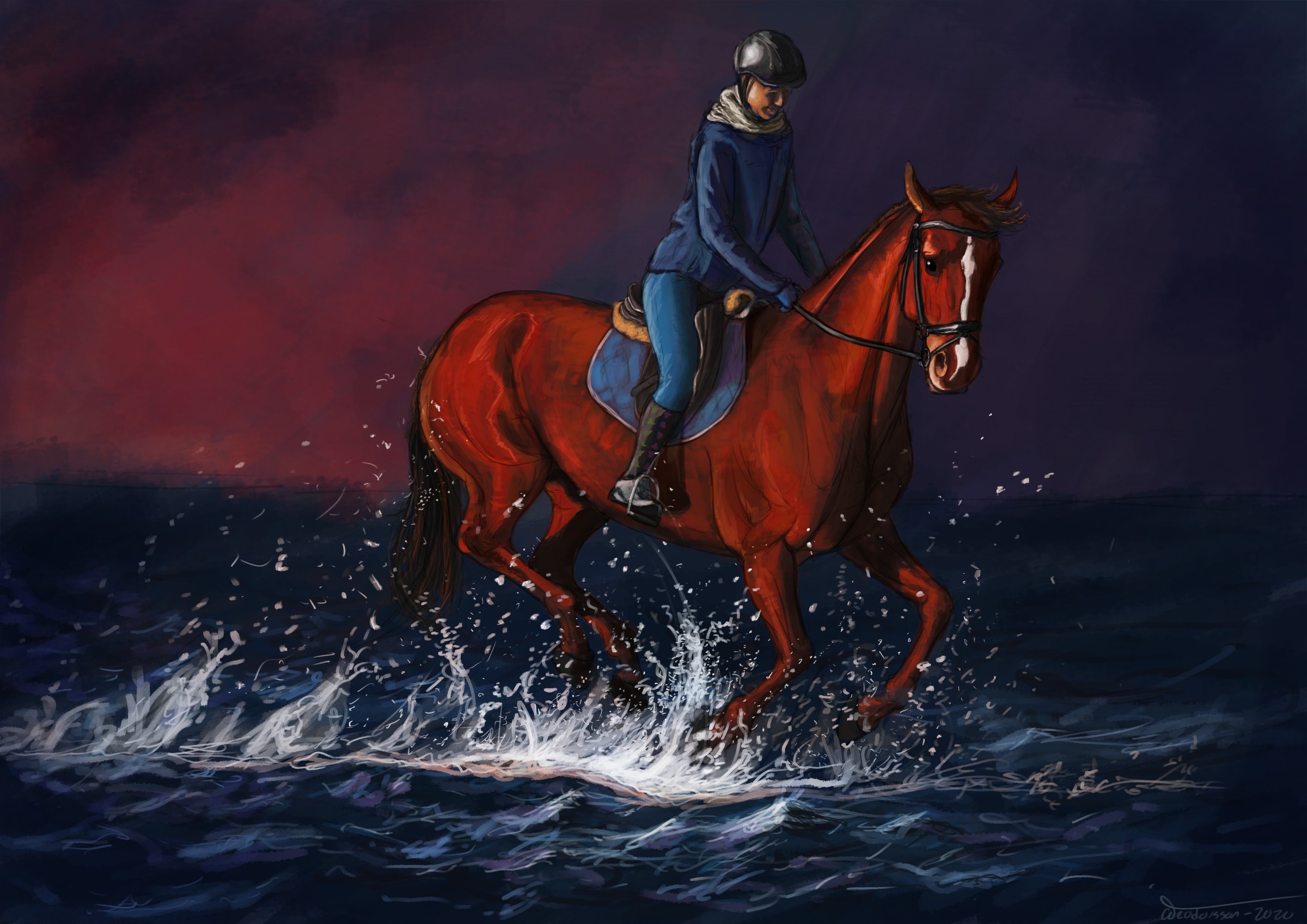 Drawing of horse and rider cantering through water