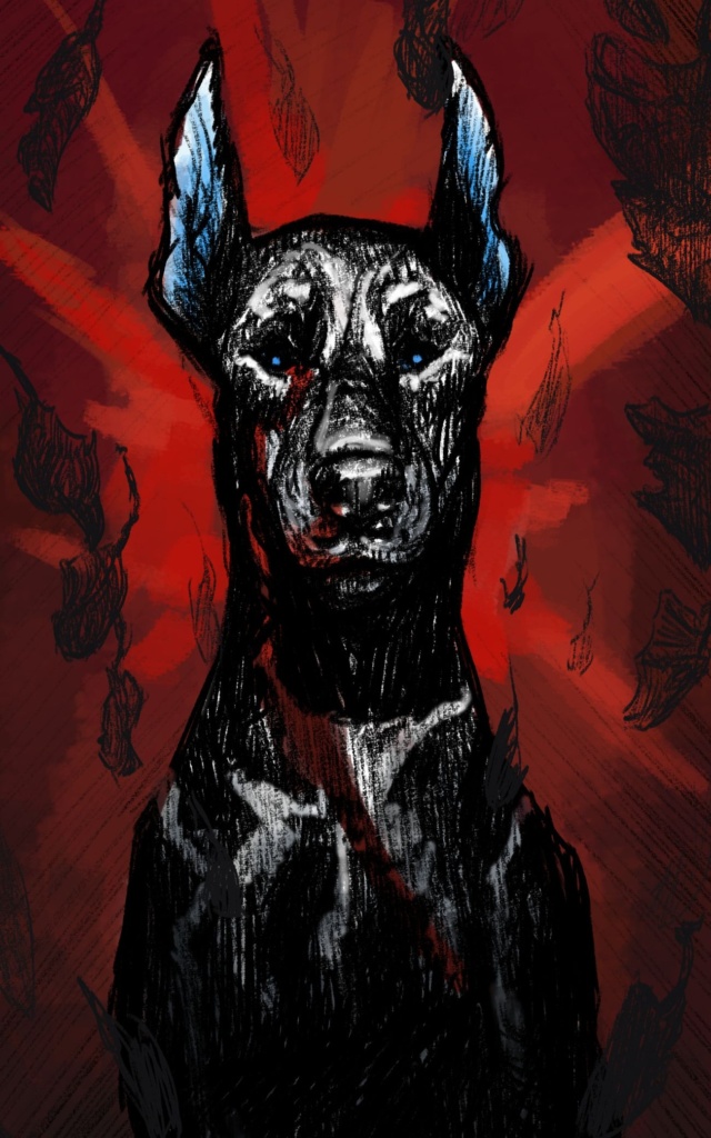 A sketch of a doberman with a red background with a few shades of blue on the dog