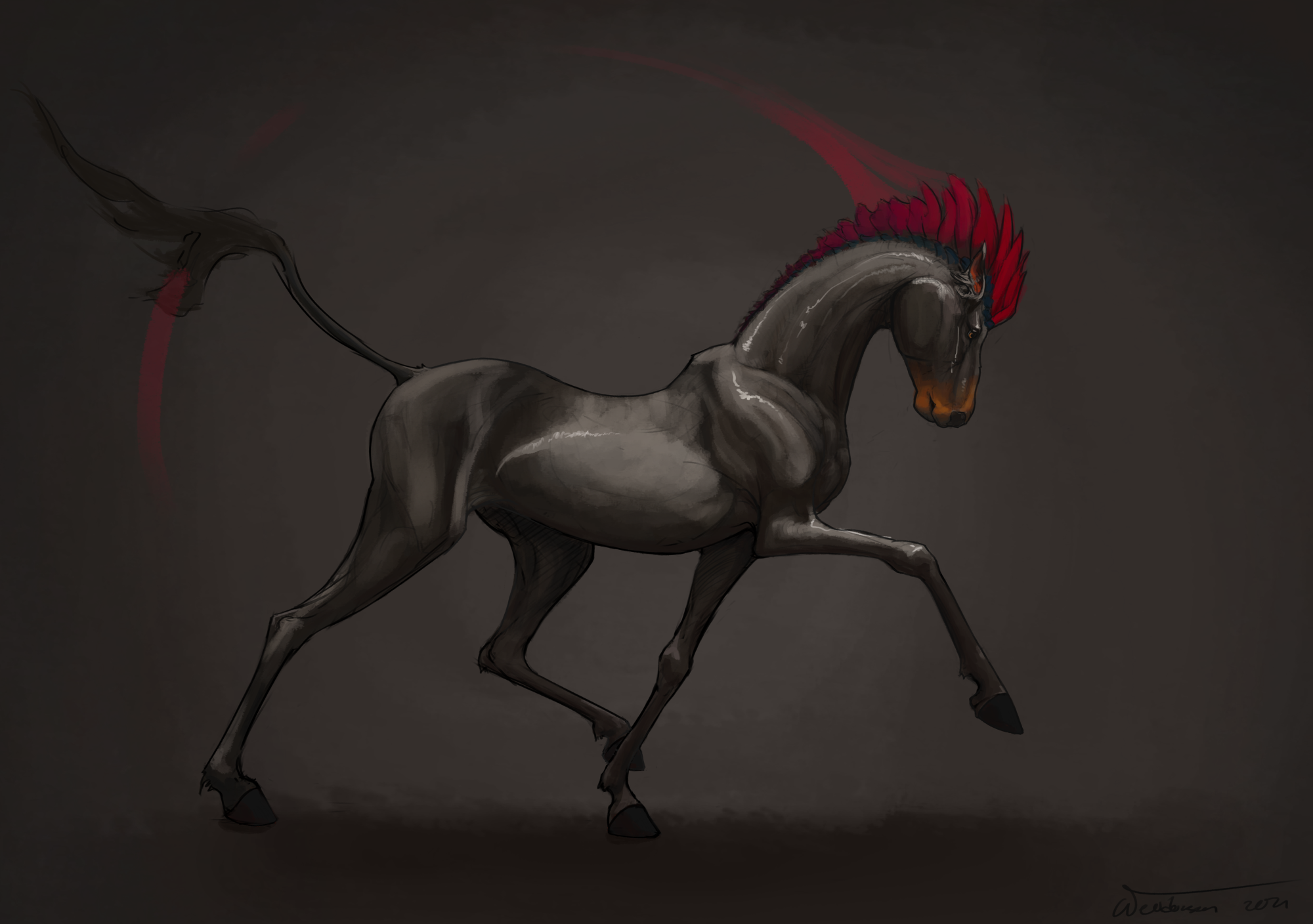 Drawing of a dark silver horse walking, seen from the side. Instead of a mane it has tooth like structures, coloured bright red-purple