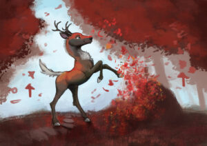 Drawing of a deer in autumn playing with a pile of leaves