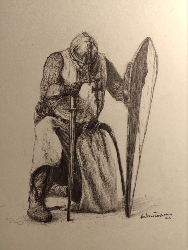 A pencil drawing of a kneeling knight. His right hand is resting on his sword and the left hand is holding a large shield