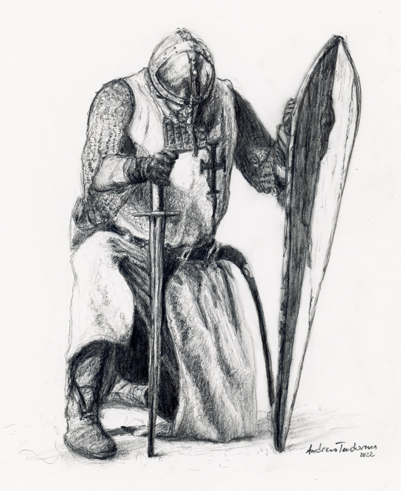 A pencil drawing of a kneeling knight. His right hand is resting on his sword and the left hand is holding a large shield