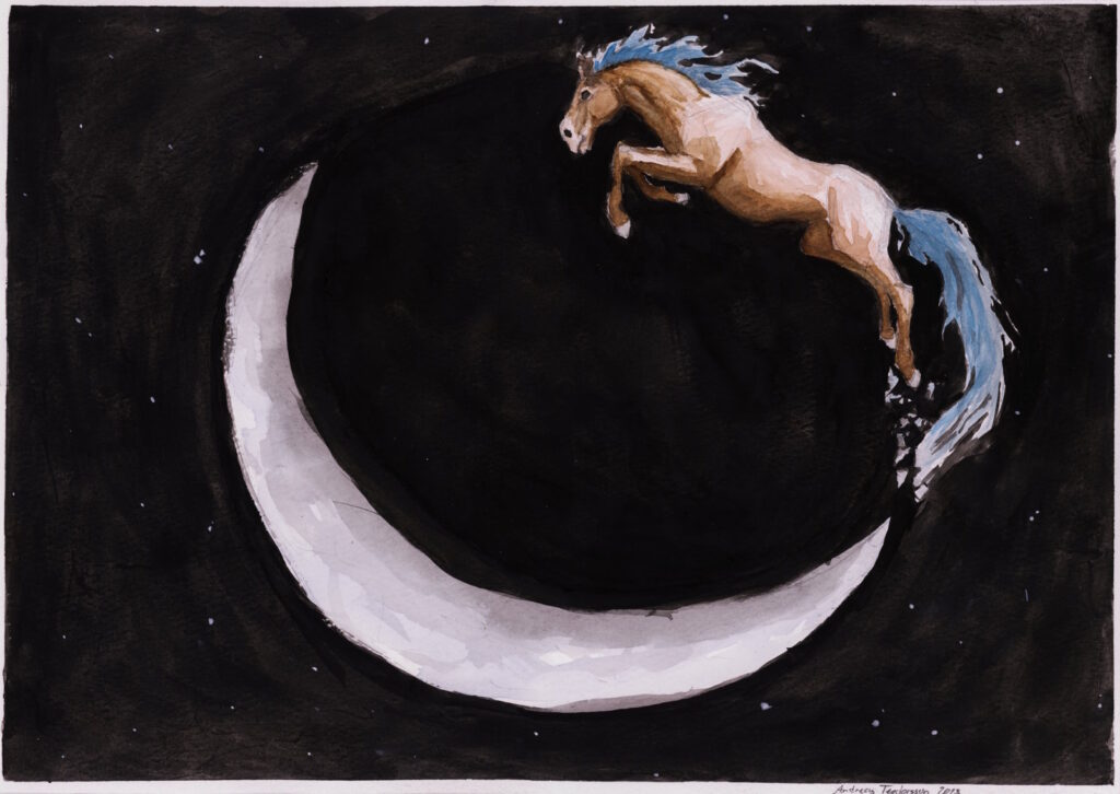 En vattenfärgsmålning över en häst som dansar runt en halvmåne