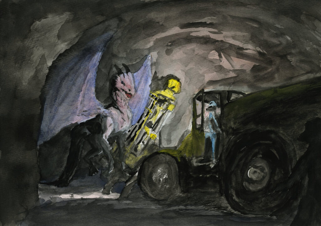 A watercolour painting of an underground mine. Workers meeting a dragon