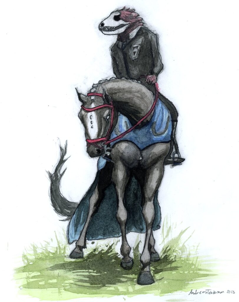 A watercolour painting of an undead wolf on a horse
