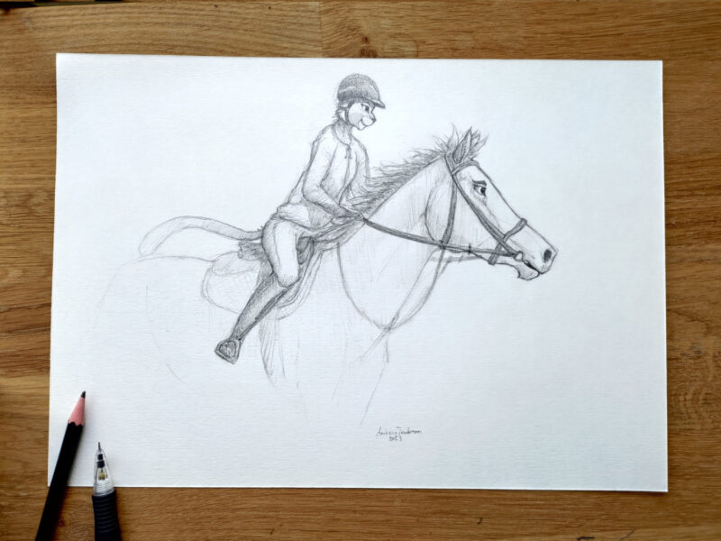 Teckning av en anthro katt som rider en häst