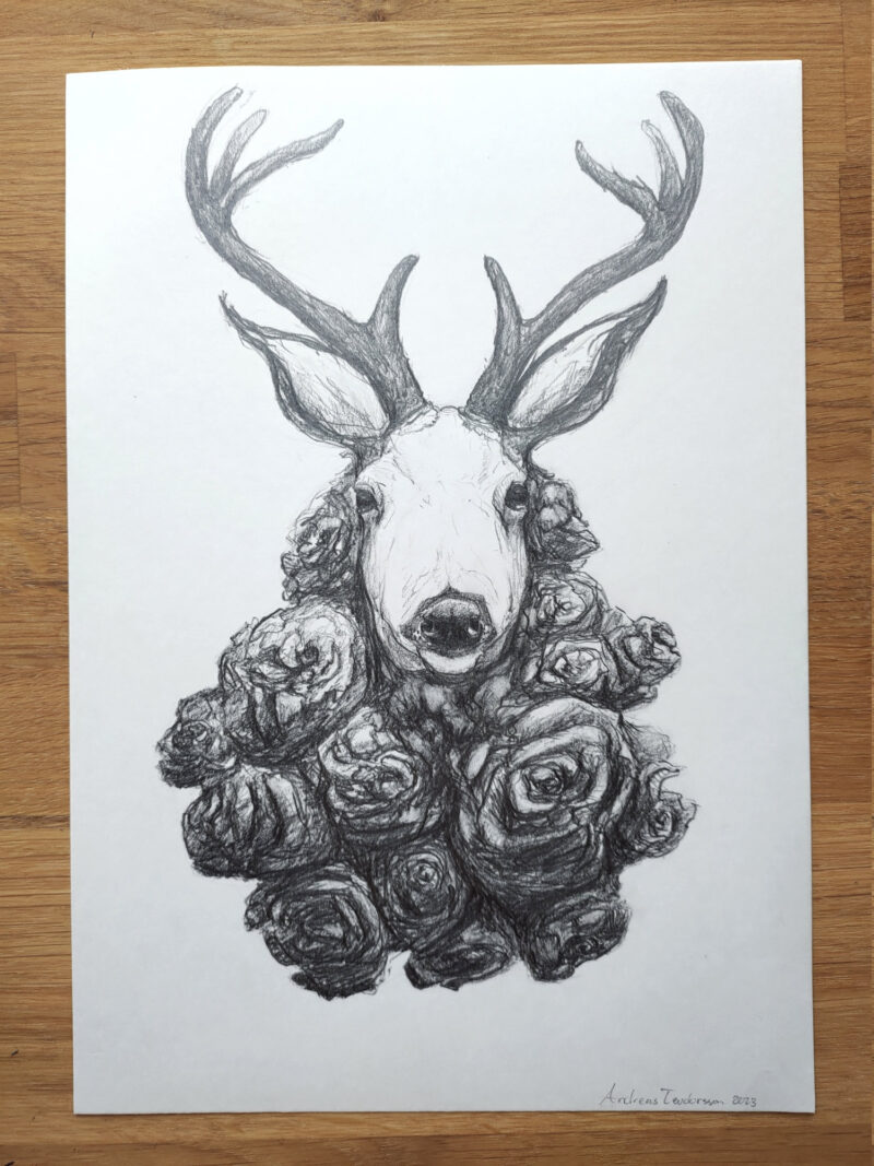 A pencil drawing of a deer head in a bouquet of roses.