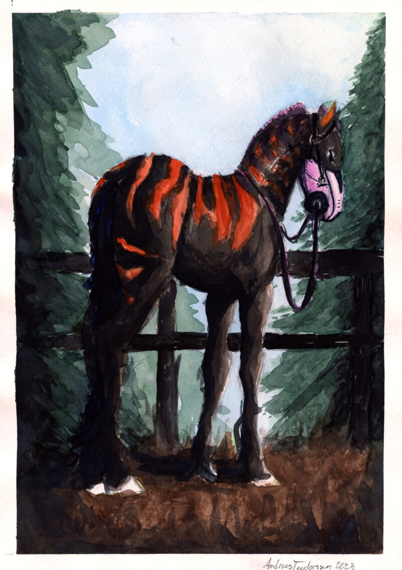 A watercolour painting of a red-striped horse with a pink hihg-tech gas mask